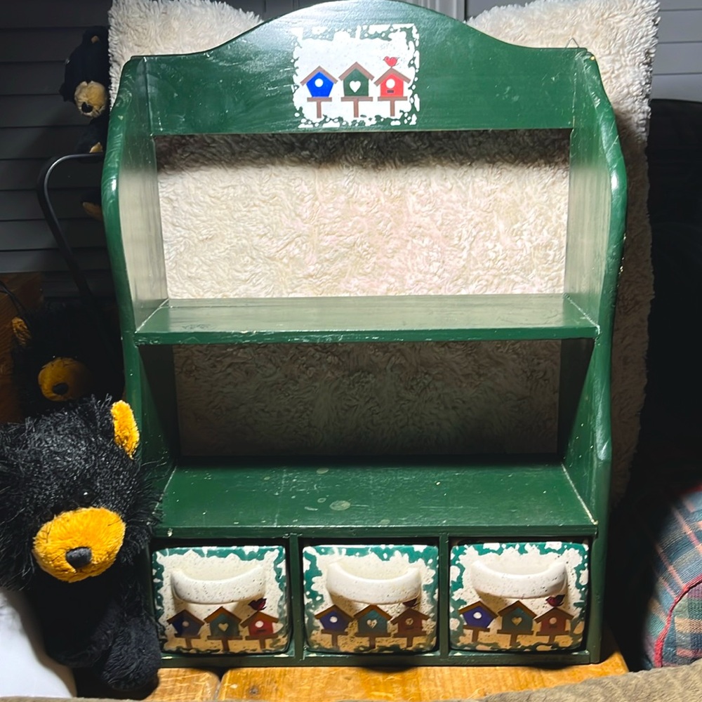 Vtg Home & Garden ~ Party Birdhouse Collection Green Shelf w/3 Drawers Retired